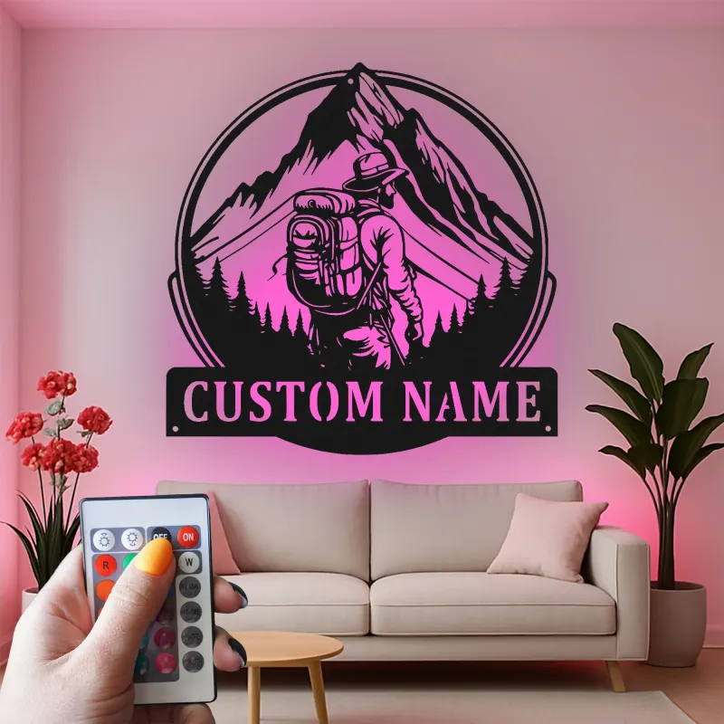 Custom Hiker Metal Wall Art | Personalized LED Light Sign for Mountain Decor | Outdoor Adventure Gift for Nature Lovers