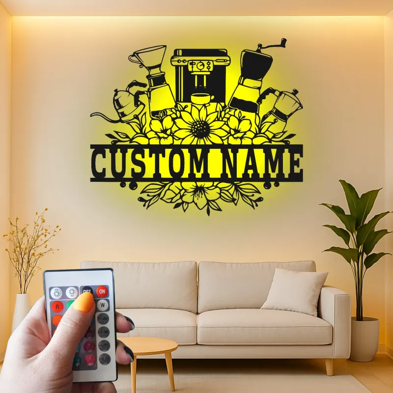 Insegna in metallo personalizzata con luce LED per macchina da caffè, regalo per amanti del caffè, decorazione per cucina e caffè