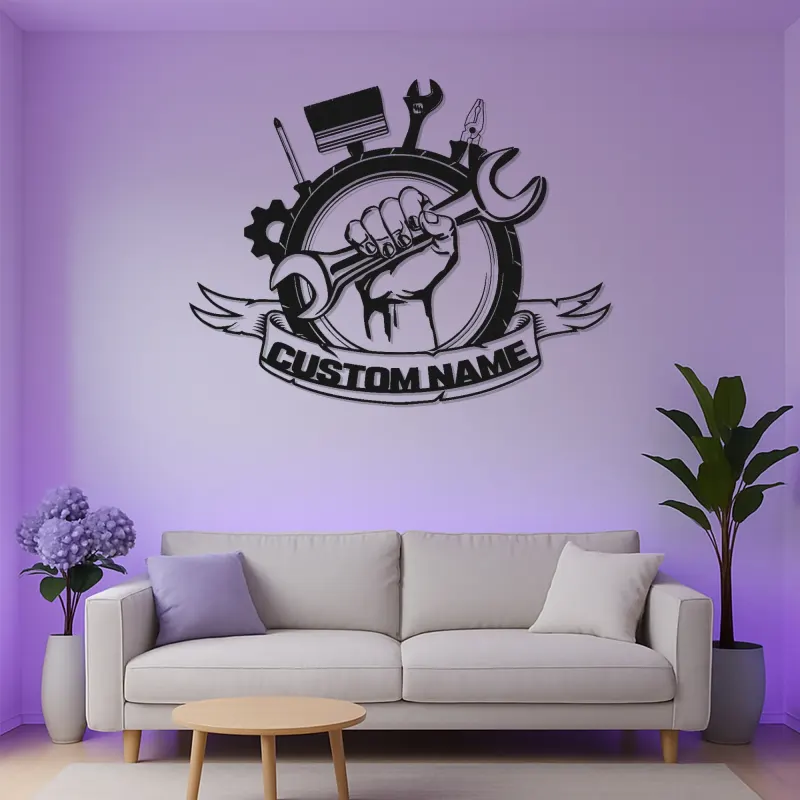 Cartel LED de Garaje Personalizado | Decoración Mural de Metal para Mecánicos | Mano Sosteniendo Llave Inglesa | Regalos para Él