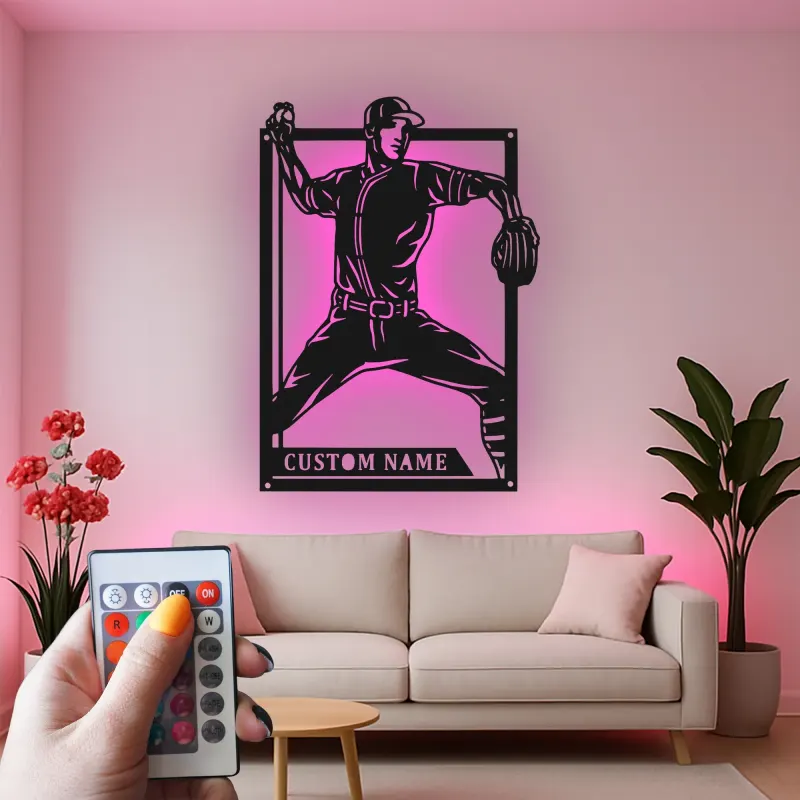 Insegna in metallo personalizzata con luce LED per lanciatore di baseball - Regalo personalizzato per appassionati di sport e decorazione per sala giochi