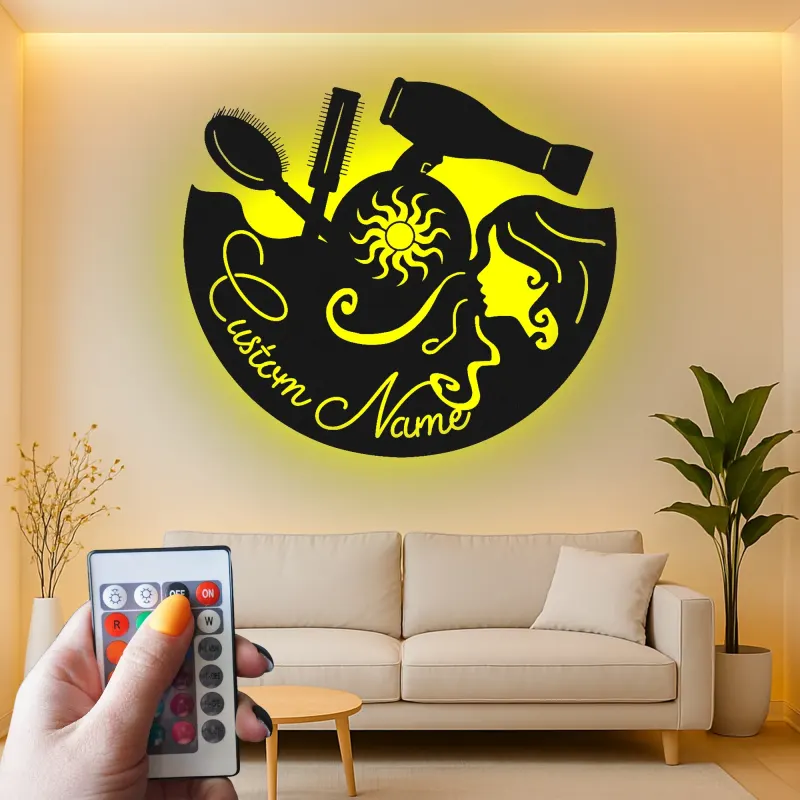 Enseigne de salon personnalisée | Art mural LED en métal sur mesure pour coiffeur | Décoration d’institut de beauté | Cadeau pour coiffeur