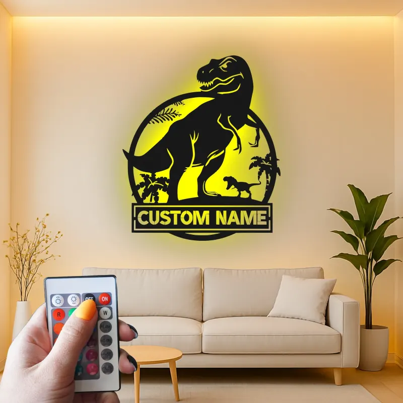 Personalisiertes T-Rex Dinosaurier LED Licht Metallschild Geschenk für Kinderzimmer oder Spielzimmer Dekor