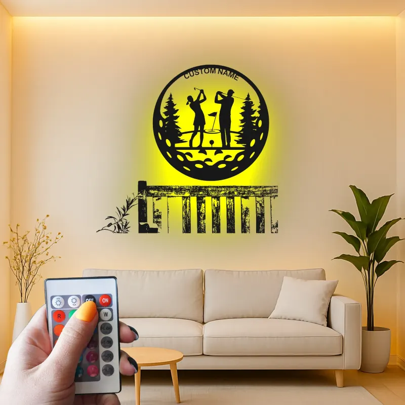 Custom Golf Couple Metal Sign | Personalized Golfer LED Wall Art | Unique Anniversary Gift for Golfers | Home Bar Decor