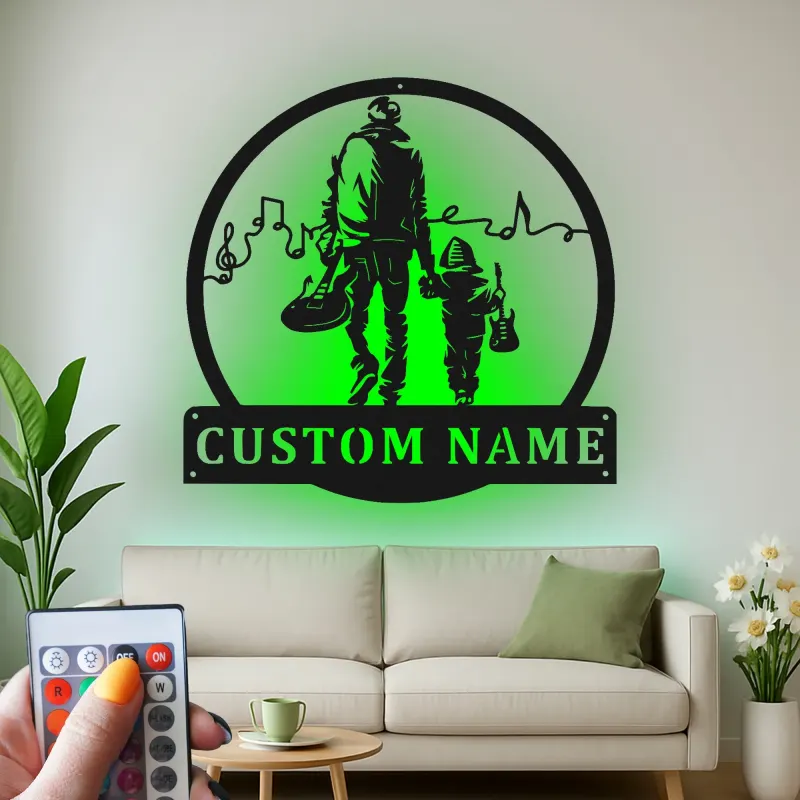 Panneau Métallique Personnalisé pour Musicien Papa et Fils | Art Mural LED de Guitare | Cadeau de Fête des Pères Personnalisé pour Amateurs de Musique