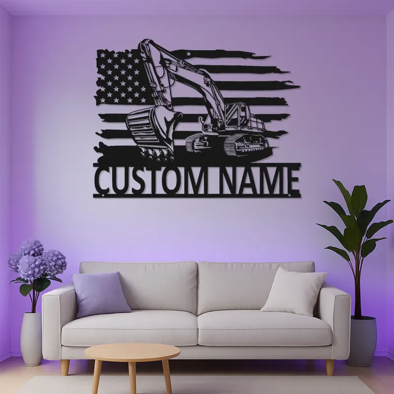 Décoration métallique LED personnalisée d’excavatrice | Panneau prénom avec drapeau américain | Déco d’engin lourd pour garage | Cadeau pour conducteur d’engins