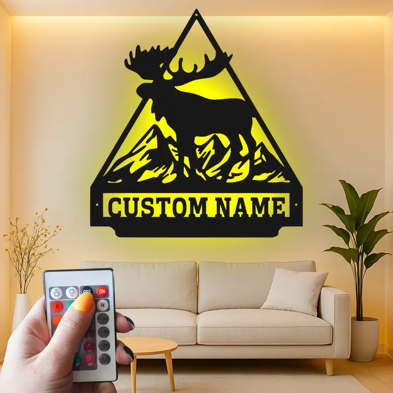 Cartel LED de alce macho | Decoración personalizada de cabaña de montaña | Arte mural rústico de vida salvaje | Regalo premium para amantes de la naturaleza