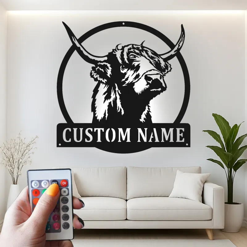 Highland Cow LED Metal Sign | Custom Name Wall Art | Rustic Farmhouse Decor for Rancher & Home Bar