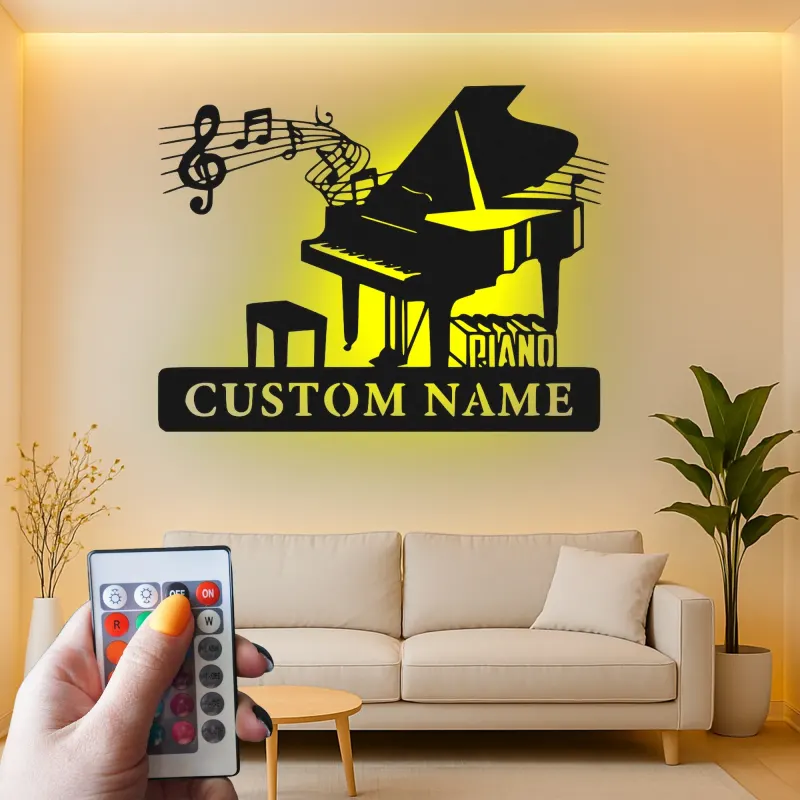 Cartel de metal de piano de cola personalizado con LED | Cartel de sala de música personalizado | Regalo para músico | Silueta de piano de cola