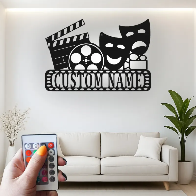 Personalized Theater Sign with LED | Custom Movie Room Decor | Metal Film Reel & Masks Wall Art for Cinema Lover Gift