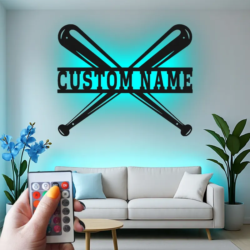 Insegna in metallo personalizzata con luce LED per mazze da baseball, regalo sportivo personalizzato per fan del baseball, decorazione per sala giochi