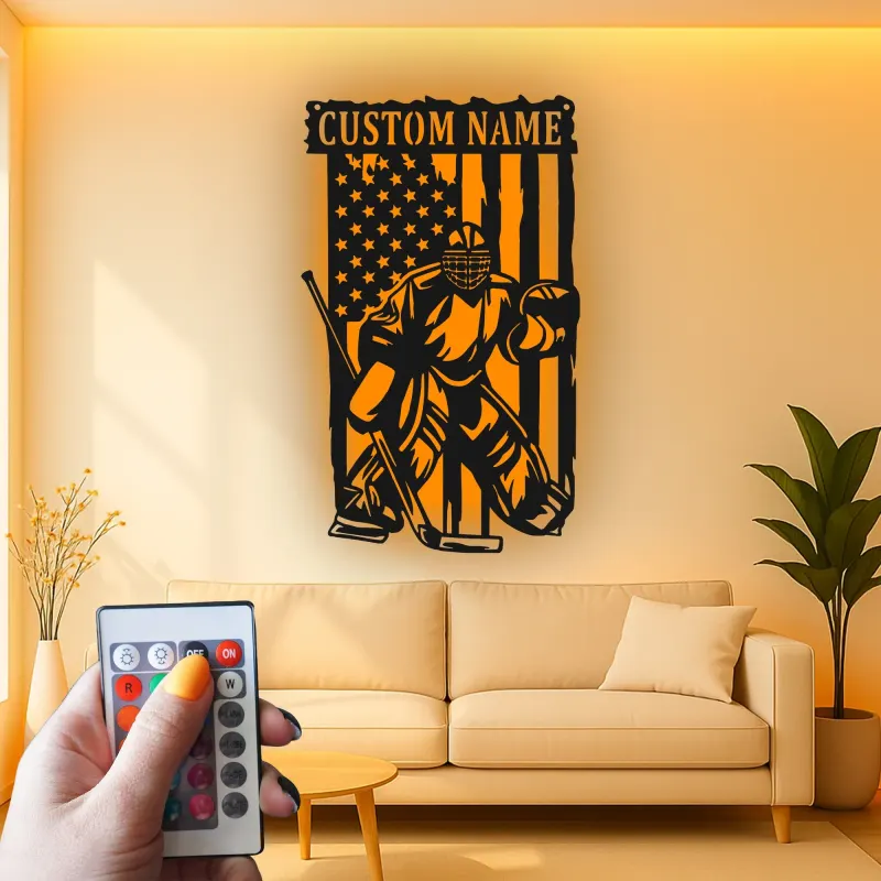 Cartel personalizado de portero de hockey | Decoración mural LED de metal personalizada | Decoración patriótica para cueva del hombre para aficionados al hockey