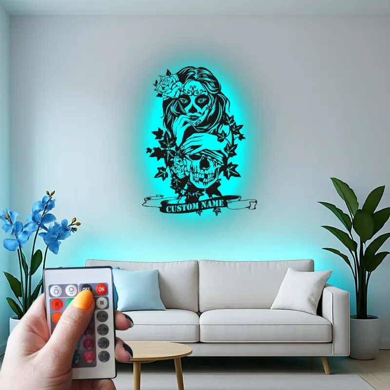 Sugar Skull LED Metal Sign | Personalized Gothic Wall Art | Custom Name Decor for Tattoo Studio & Salon