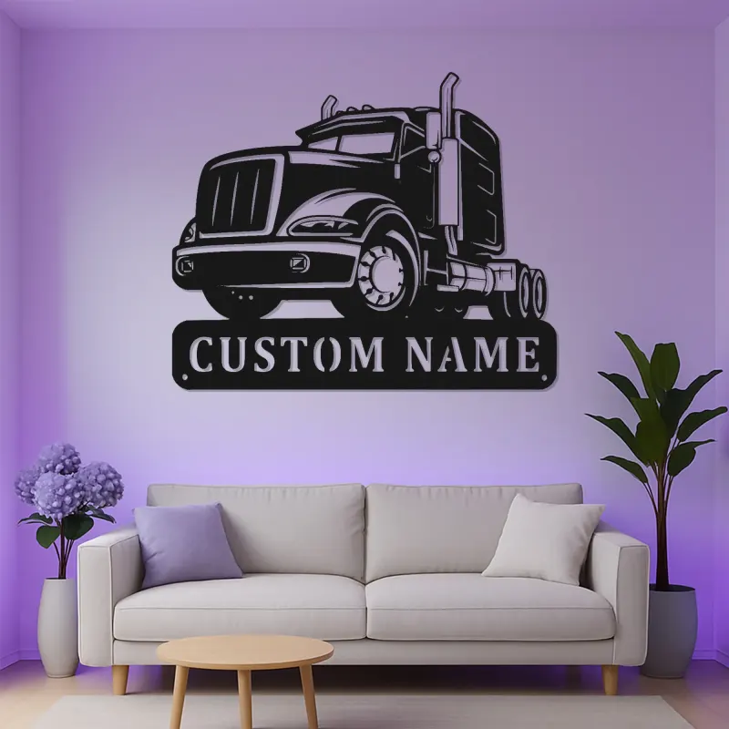Personalized Trucker Sign with LED | Custom Semi Truck Metal Wall Art | Big Rig Decor for Man Cave, Garage | Gift for Husband