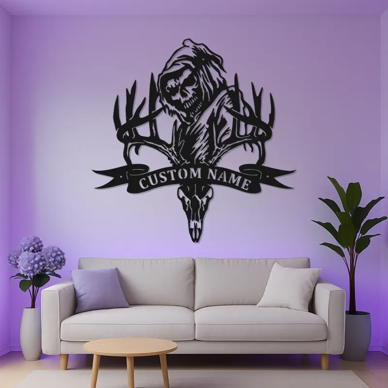 Plaque en métal Tête de cerf et Faucheuse | Décoration murale LED personnalisée pour chasseur | Déco sur mesure pour man cave et lodge