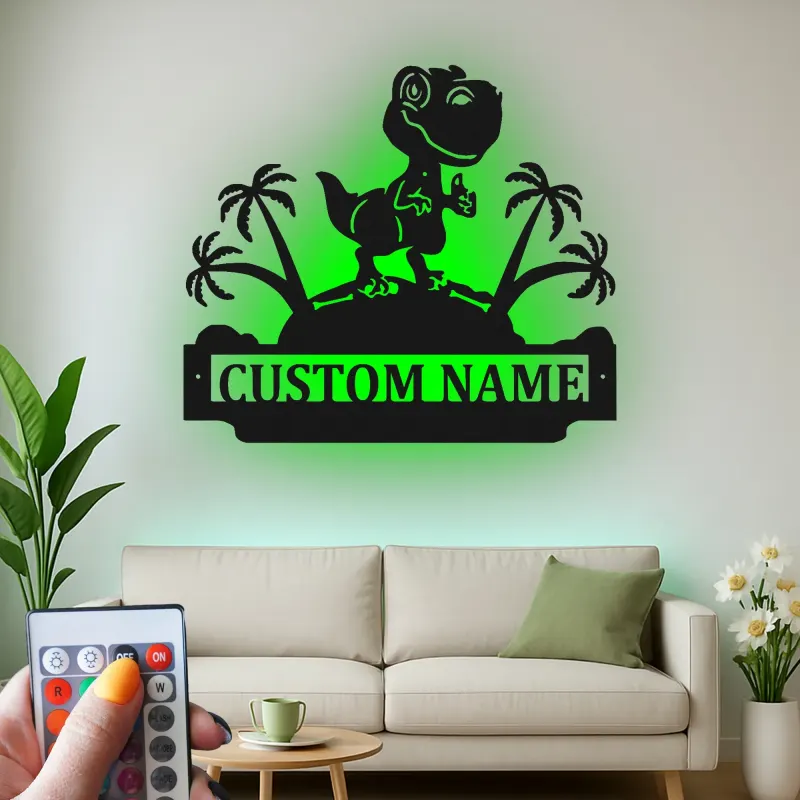 Cartel de metal LED de dinosaurio personalizado para regalo de habitación infantil, decoración de guardería con diseño de T-Rex