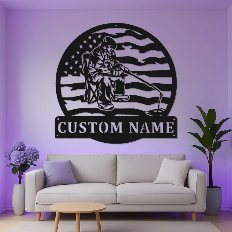 Décoration murale LED en métal pour pêche sur glace | Plaque personnalisée drapeau américain | Cadeau prénom personnalisé pour chalet ou maison au bord du lac
