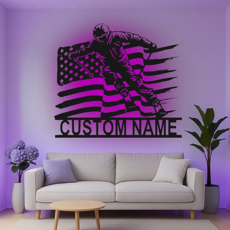 Personalisierte Skifahrer mit amerikanischer Flagge LED-beleuchtetes Metallschild Geschenk für Ski-Enthusiasten Man Cave Dekor