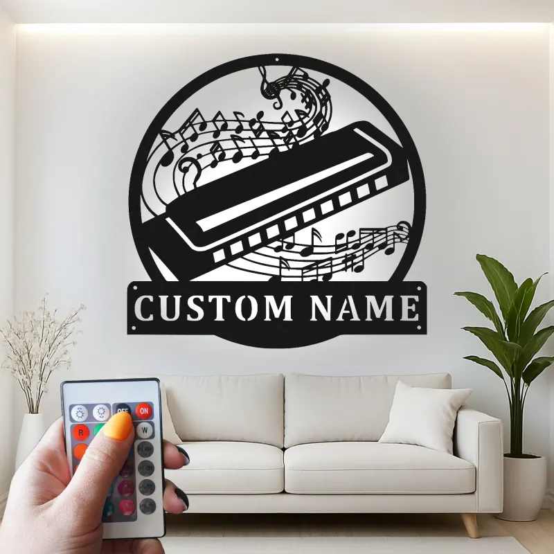 Enseigne LED personnalisée harmonica | Décoration murale en métal sur mesure | Décor pour salle de musique | Cadeau pour musicien et amateur de blues