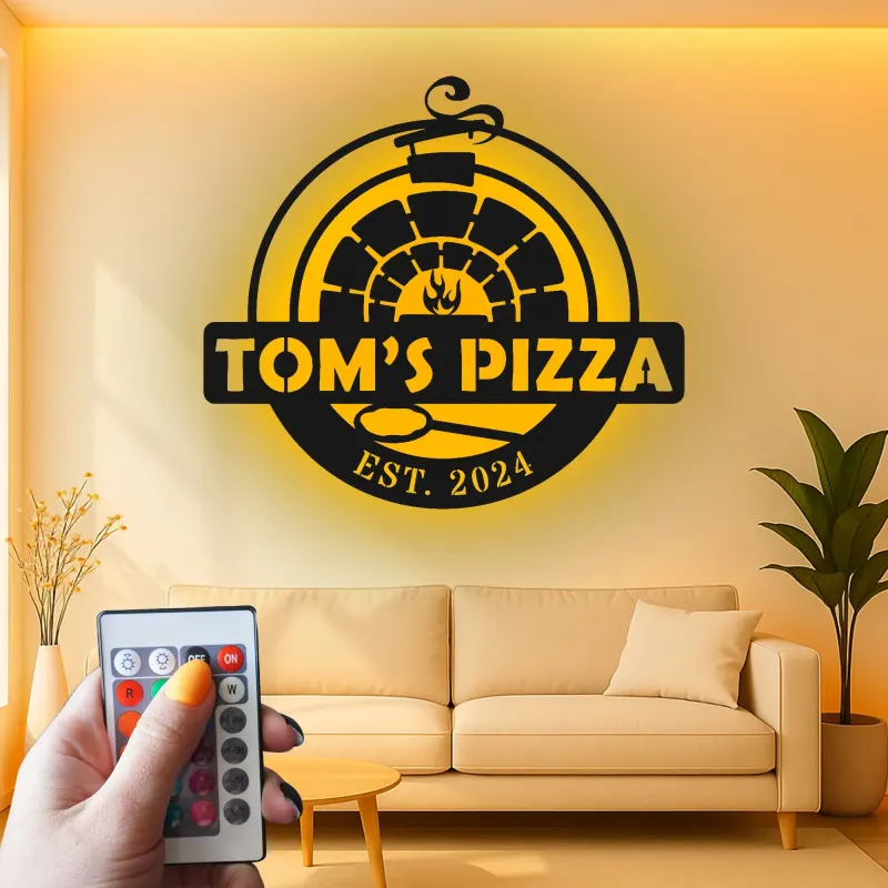 Personalisierte Backofen-Pizza-Schild | LED hinterleuchtete Metallkunst | Vintage Pizzeria Dekoration | Individuelles Geschenk für Köche | Restaurantbeschilderung