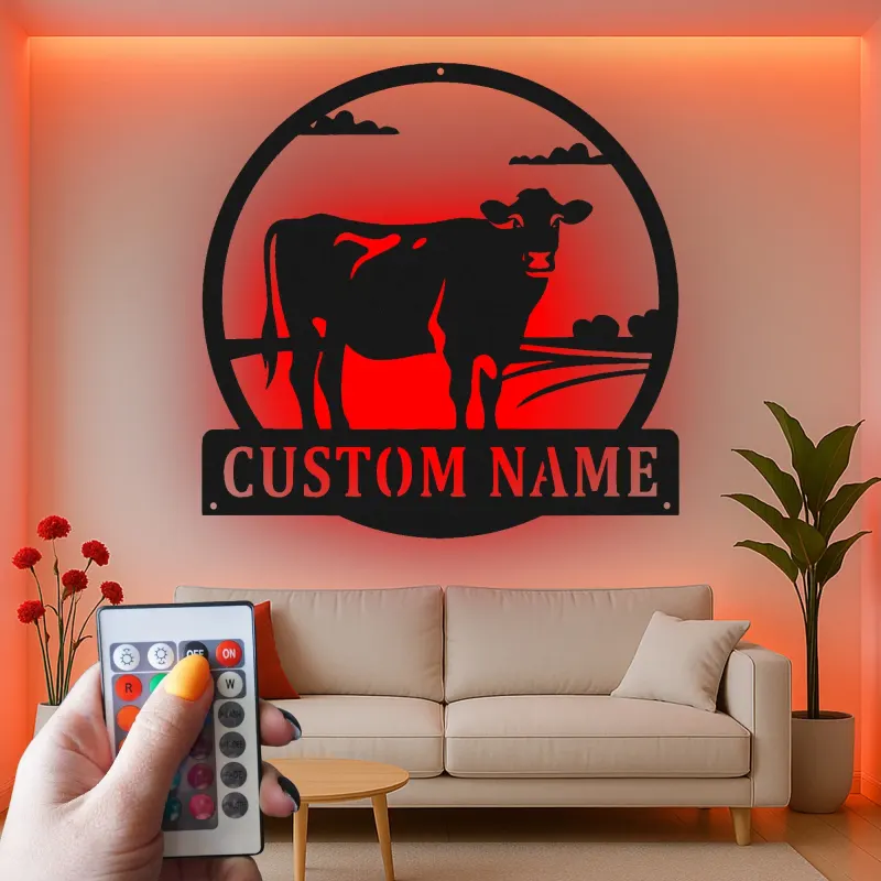 Décoration murale en métal LED personnalisée de vache - Cadeau de ferme rustique - Décor de grange pour amoureux des animaux