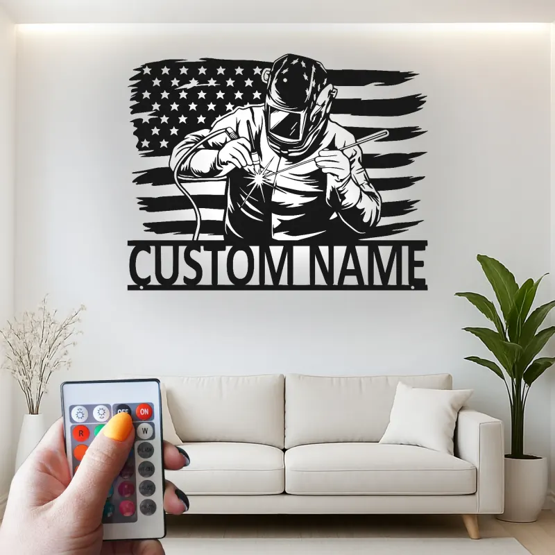 Insegna in metallo personalizzata con saldatore e bandiera americana retroilluminata, regalo personalizzato per officine o garage di saldatori