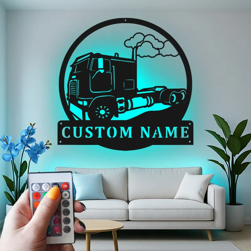Custom Semi Truck Metal Sign | Personalized LED Wall Art for Truckers | Big Rig Garage Decor | Gift for Drivers