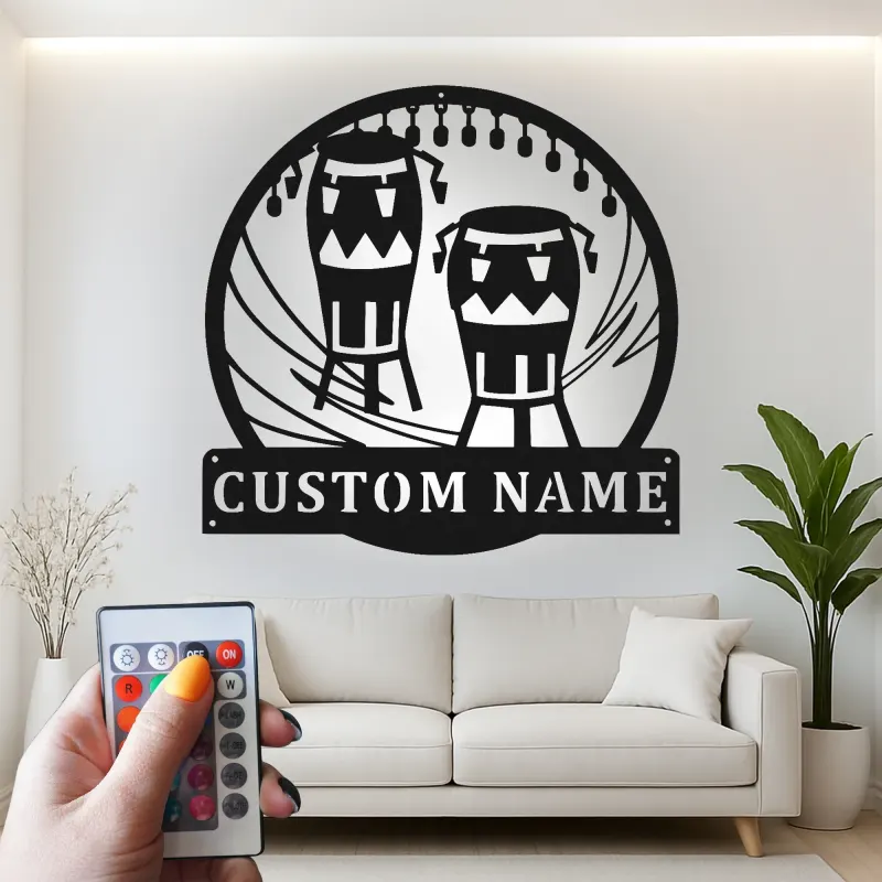 Cartel de metal personalizado con luz LED de bongos para regalo de músico, decoración de sala de música