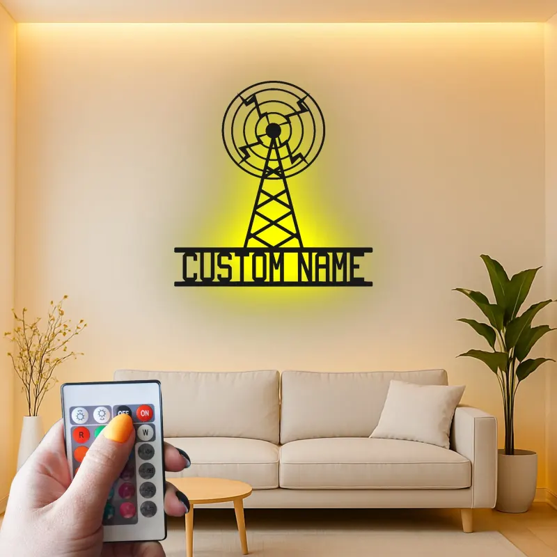 Personalisierte LED Metall-Wandkunst eines Funkmastes | Individuelles Retro-Broadcasting-Schild | Vintage Radio Antenne Dekor für Studio & Büro