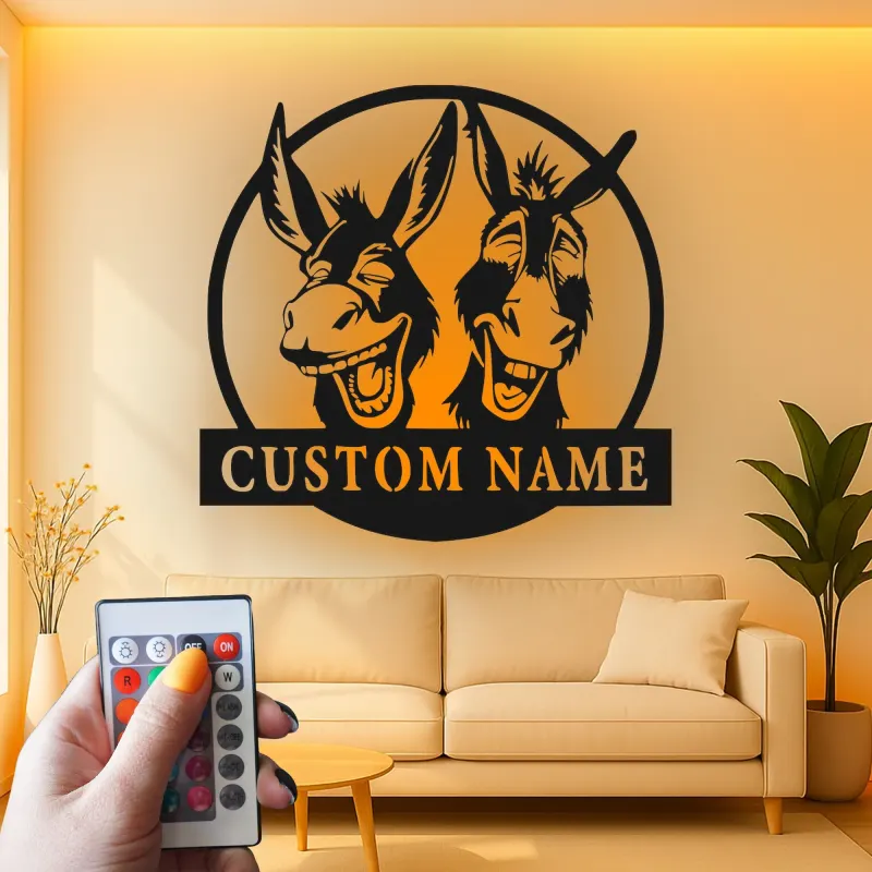 Insegna in metallo LED Donkey Duo personalizzata regalo per amanti degli animali decorazione rustica