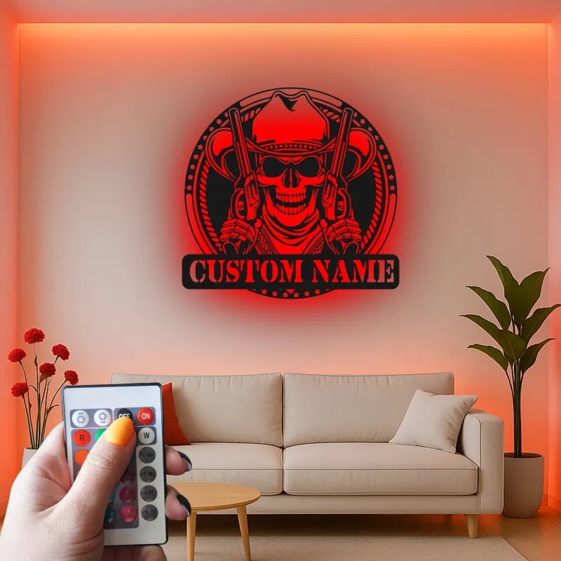 Décoration murale en métal personnalisée Crâne de Cowboy avec rétroéclairage LED - Cadeau personnalisé pour les passionnés de western - Décor de man cave