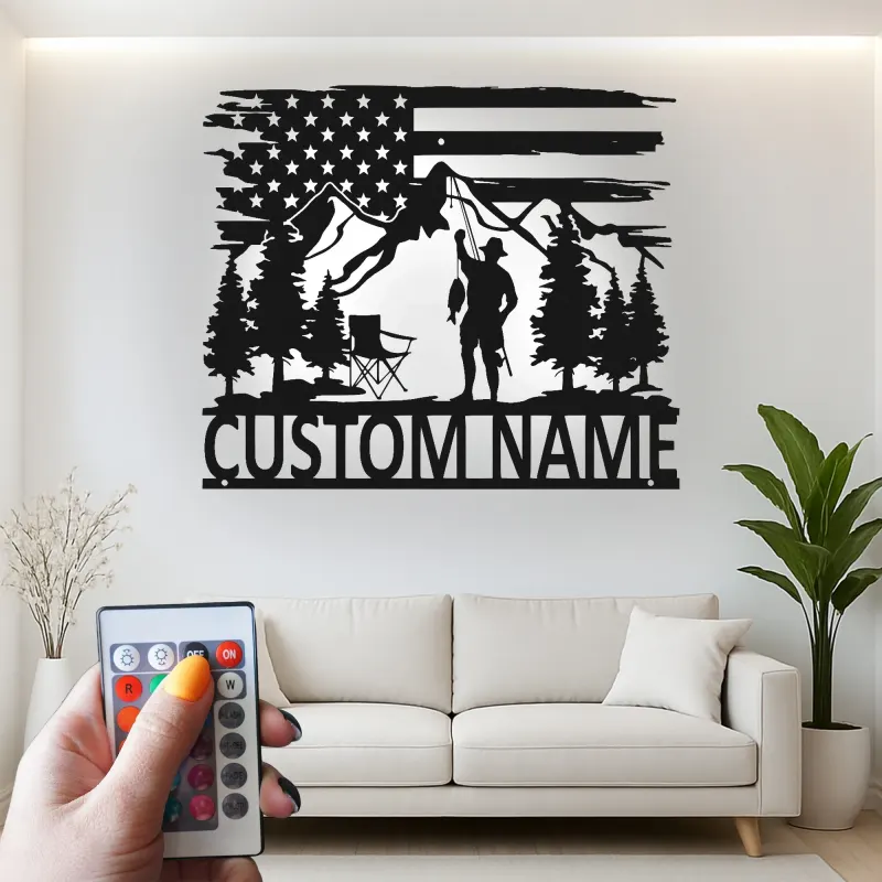 Insegna LED in metallo per pesca personalizzata | Arte da parete patriottica per pescatore | Decorazione su misura per baita e casa al lago | Regalo per pescatore