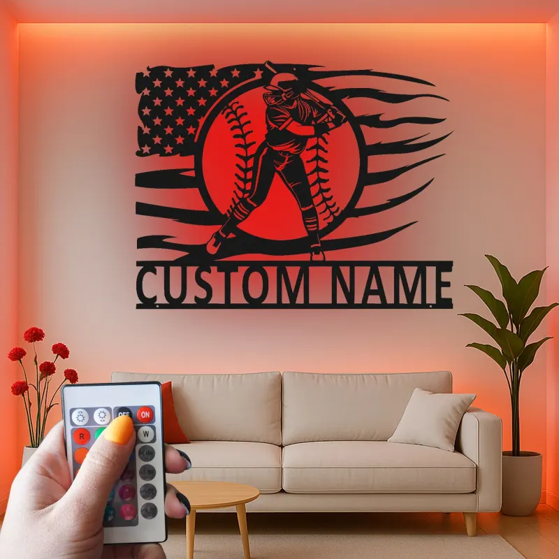 Insegna in metallo personalizzata per giocatore di softball con luce LED regalo per atleti decorazione per stanza sportiva 1