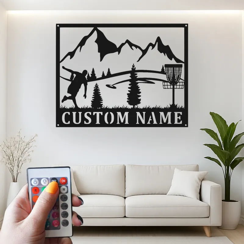 Insegna in metallo LED a forma di disc golf personalizzata - Regalo per appassionati di disc golf, decorazione per sala giochi o esterni