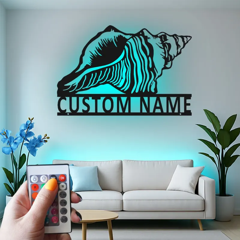 Insegna in metallo Conchiglia personalizzata con LED | Arte murale nautica personalizzata | Decorazione costiera per amanti dell'oceano