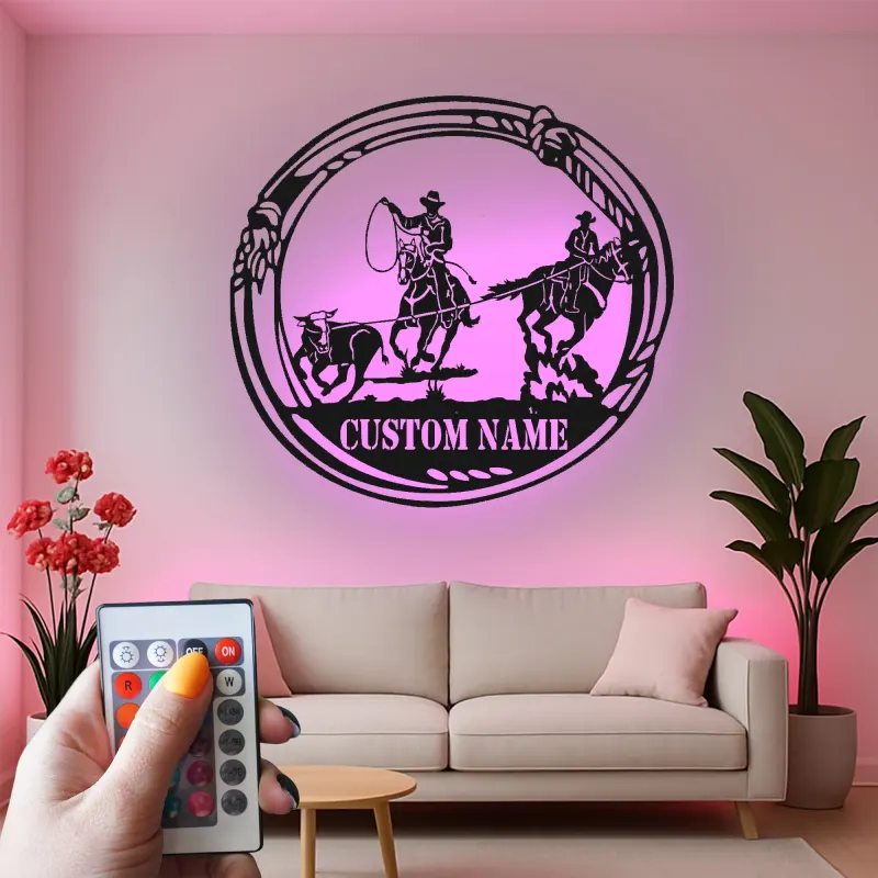 Décoration murale en métal personnalisée Cowboy Rodeo avec rétroéclairage LED - Cadeau western pour les éleveurs - Décor de salon rustique