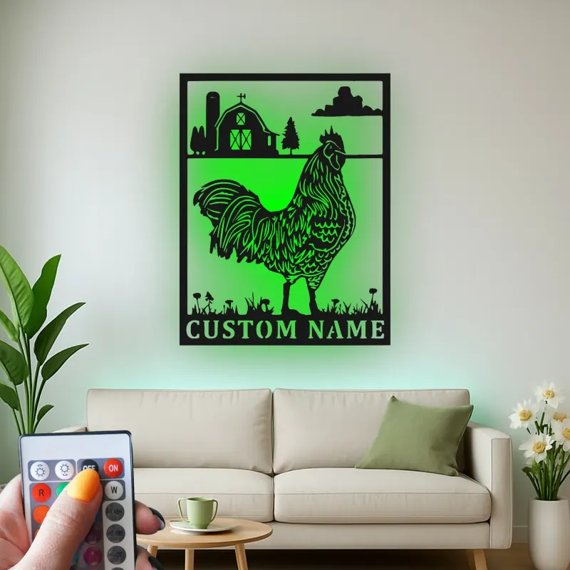 Décoration murale en métal personnalisée avec lumière LED de poulet fermier