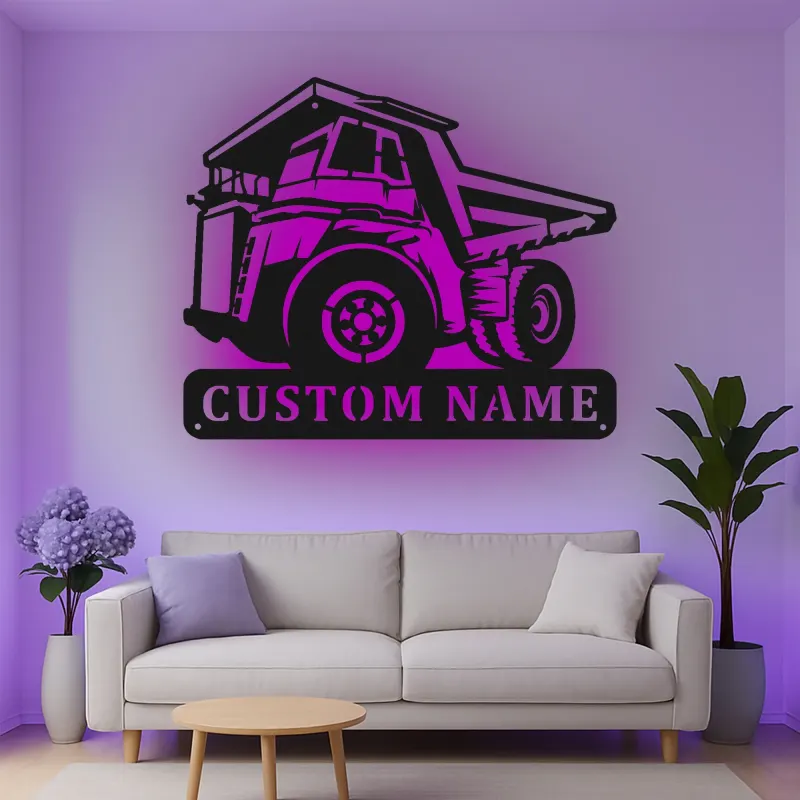 Insegna in metallo LED a forma di camion ribaltabile personalizzata - Regalo per appassionati di costruzione - Decorazione per garage o ufficio