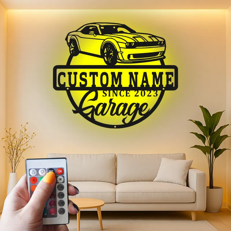 Insegna Garage Challenger Personalizzata | Insegna in Metallo LED | Decorazione per Man Cave per Appassionati di Auto