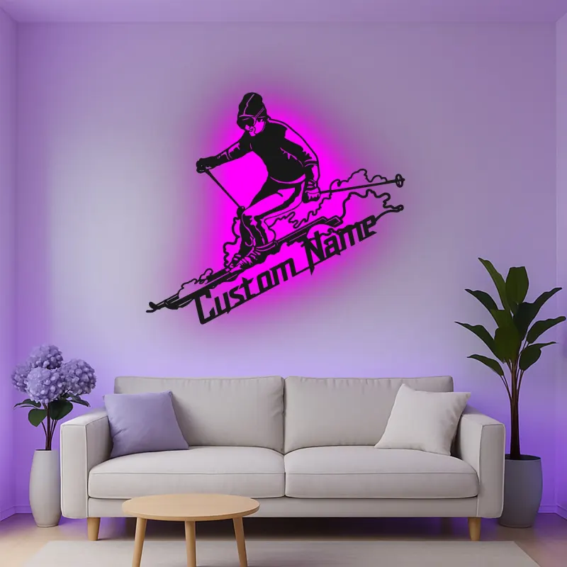 Custom Skier Led Light Metal Wall Art Personalized Skiing Gift for Winter Sports Enthusiasts Game Room Decor 1