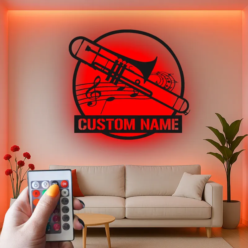 Décoration murale en métal personnalisée avec rétroéclairage LED Trombone - Cadeau pour Musicien - Décor de Salle de Musique pour Amateurs de Trombone