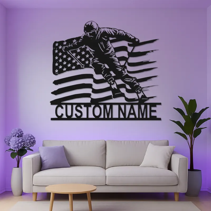 Custom Alpine Skier Metal Wall Art | LED Backlit American Flag Sign | Personalized Ski Gift | Winter Sports Cabin Decor