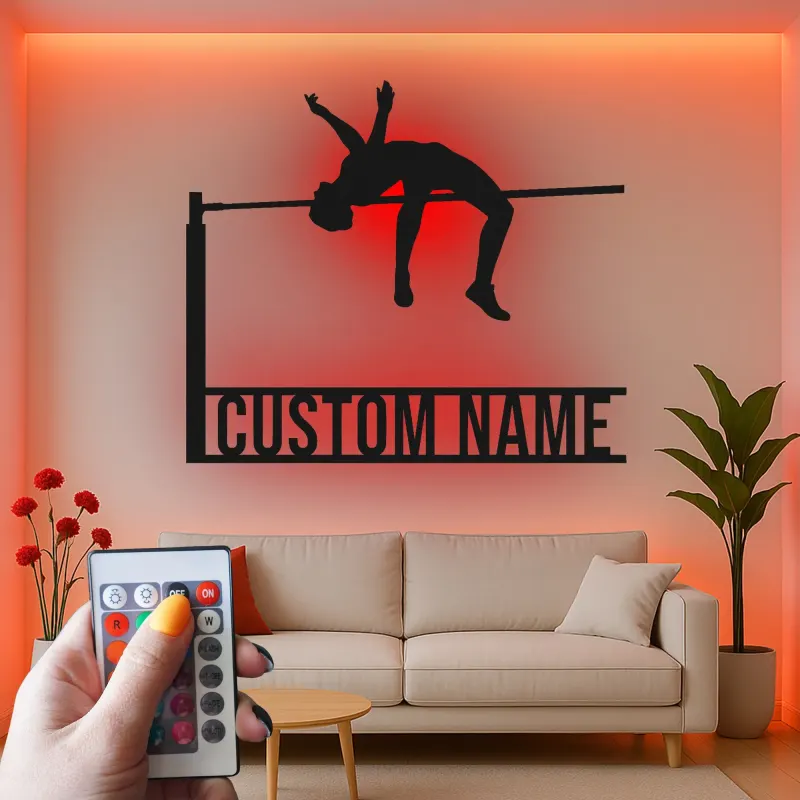 Personalisierte Hochsprung Metall-Wandkunst | Individuelles LED-Schild für Athleten | Geschenk für Leichtathletik-Dekor