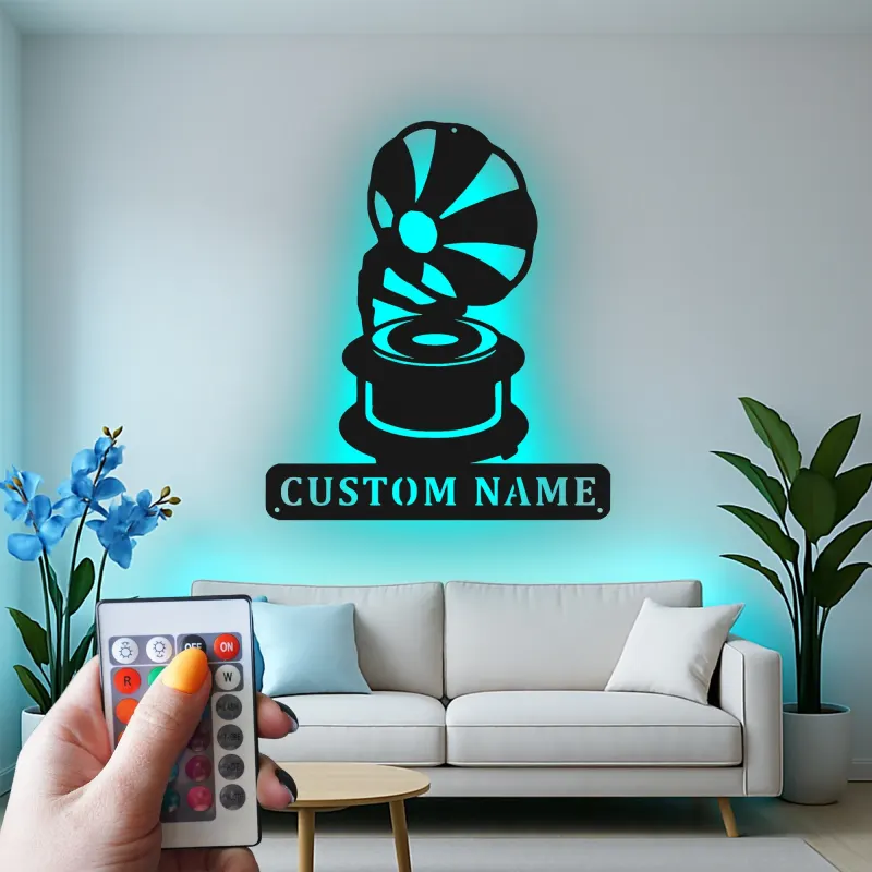 Personalisierte Vintage Phonograph LED Licht Metall-Wandkunst Geschenk für Musikliebhaber, Retro-Wohnzimmer-Dekor