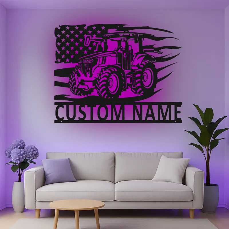 Décoration murale en métal personnalisée avec tracteur et drapeau américain en rétroéclairage - Cadeau pour agriculteur - Décor rustique de ferme