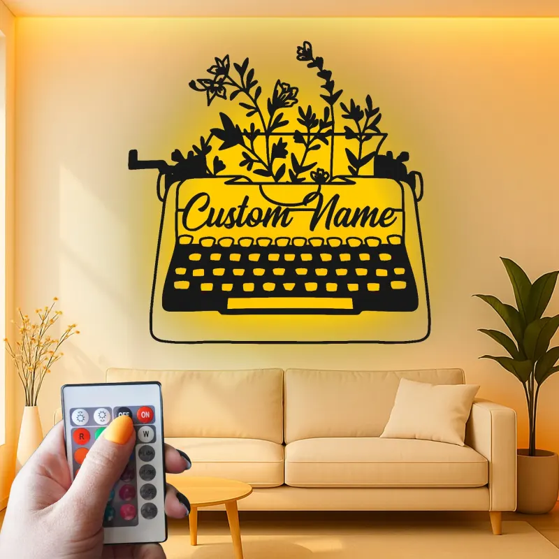 Décoration murale en métal personnalisée avec LED en forme de machine à écrire et fleurs - Cadeau pour écrivain