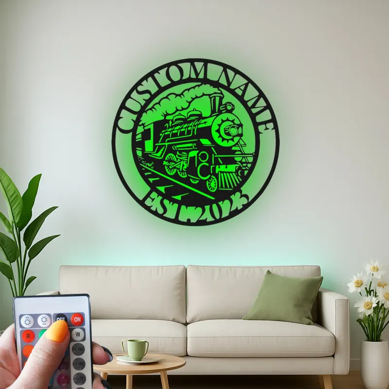 Insegna in metallo personalizzata con luce LED per locomotiva a vapore regalo per appassionati di treni decorazione man cave