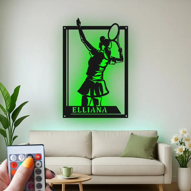 Custom Female Tennis Player Led Light Metal Wall Art Personalized Gift for Tennis Enthusiasts Game Room Decor