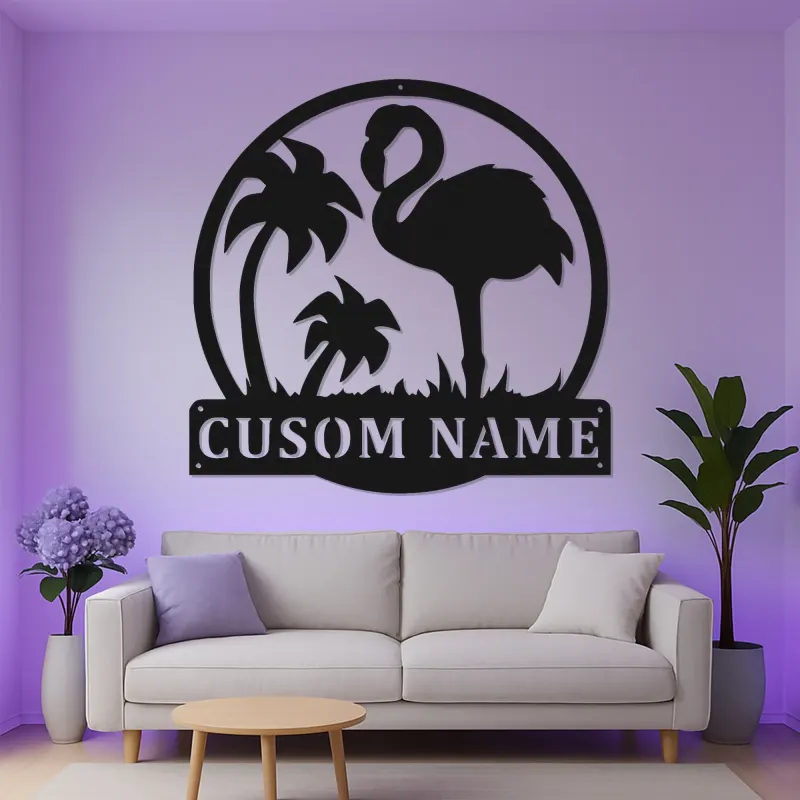 Cartel LED de flamenco personalizado | Arte mural de metal personalizado | Decoración tropical para patio y salón