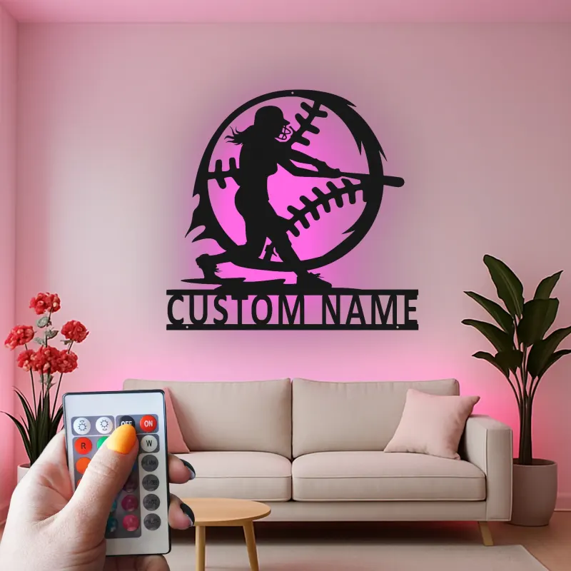 Softball Player Custom Name Sign | LED Metal Wall Art for Athlete's Room | Personalized Sports Decor Gift