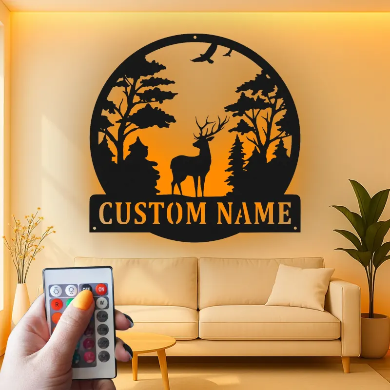 Insegna in metallo personalizzata con scena di cervo e luce LED, regalo per amanti della natura, decorazione per cabine o lodge